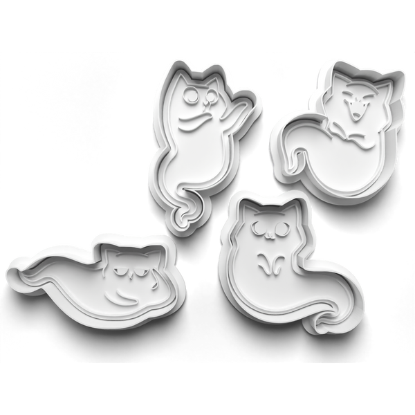 Halloween Ghost Cats Cookie Cutters Set + Stamps for Baking, Cookies, Crafts 0068