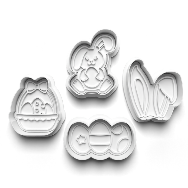 Easter 4 Piece Cookie Cutters Set + Stamps for Baking, Crafts, Play 0794