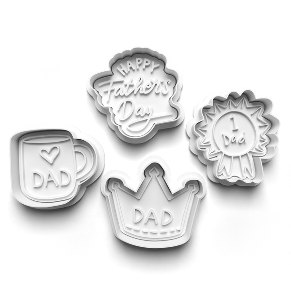Father's Day Theme 4 Piece Cookie Cutters Set + Stamps for Baking, Crafts, Play 0795