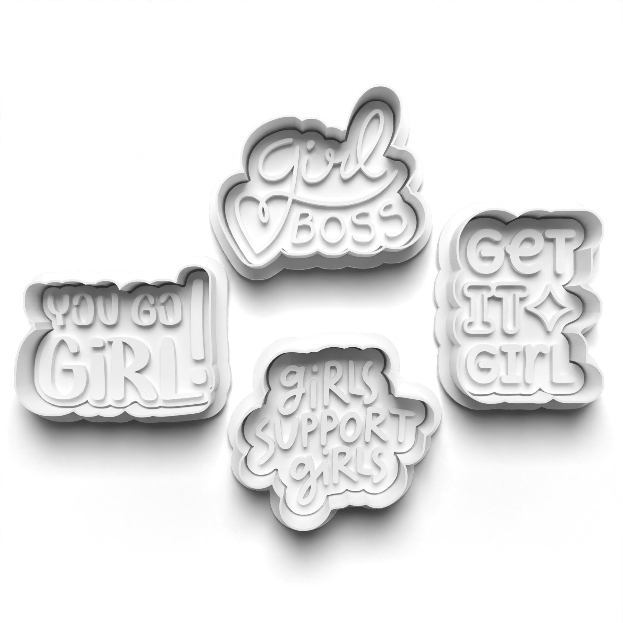 Girl Power Theme 4 Piece Cookie Cutters Set + Stamps for Baking, Crafts, Play 0797