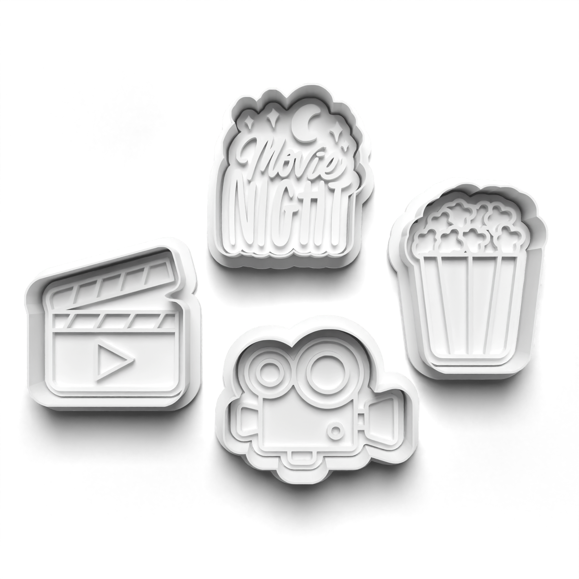 Movie Night Theme 4 Piece Cookie Cutters Set + Stamps for Baking, Crafts, Play 0800
