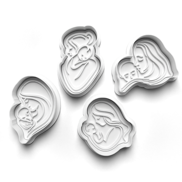 Mother and Baby Theme 4 Piece Cookie Cutters Set + Stamps for Baking, Crafts, Play 0801