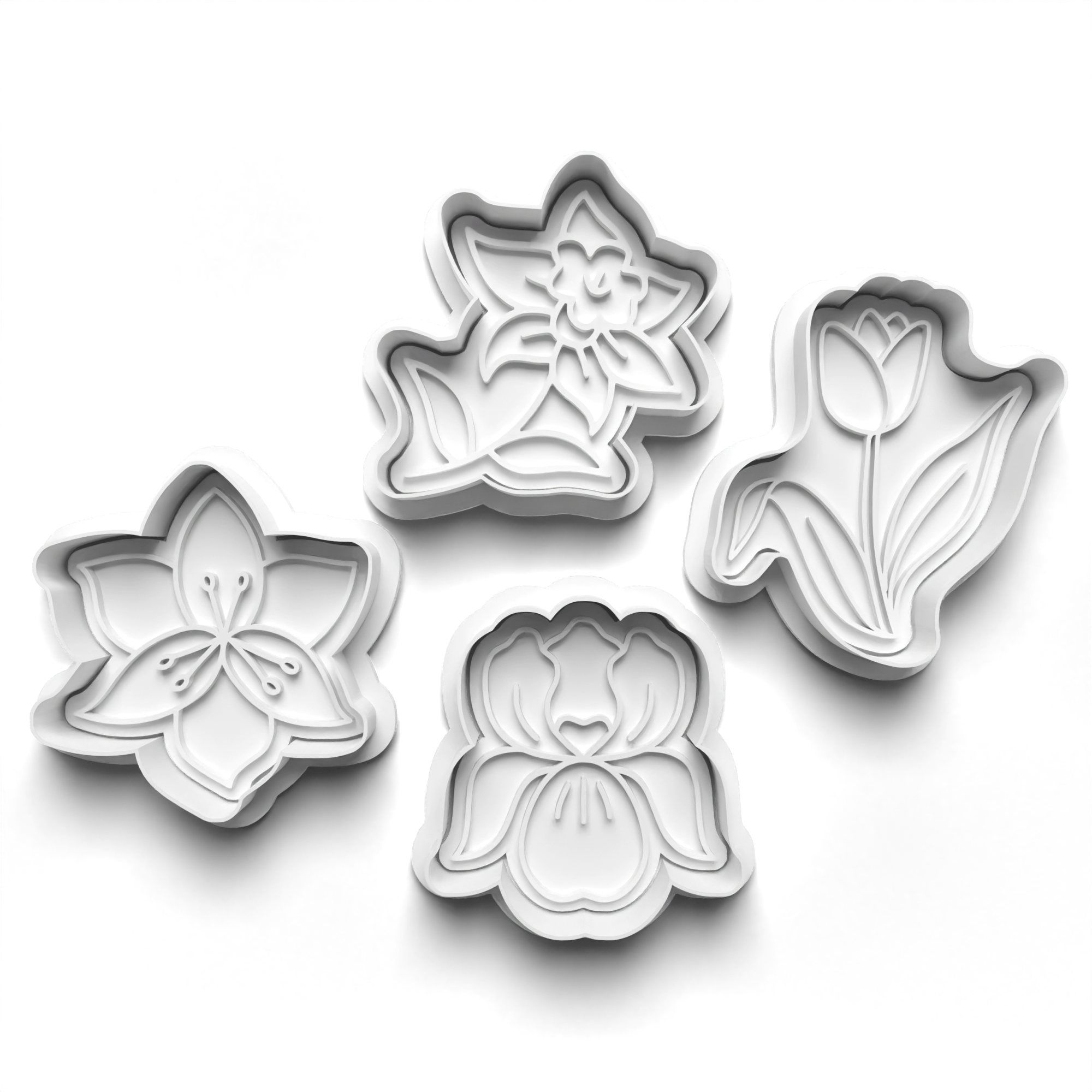 Daffodil Tulip Lilly Iris Flowers Theme 4 Piece Cookie Cutters Set + Stamps for Baking, Crafts, Play 0802