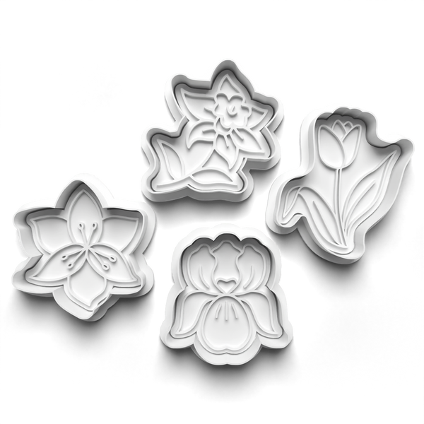 Daffodil Tulip Lilly Iris Flowers Theme 4 Piece Cookie Cutters Set + Stamps for Baking, Crafts, Play 0802