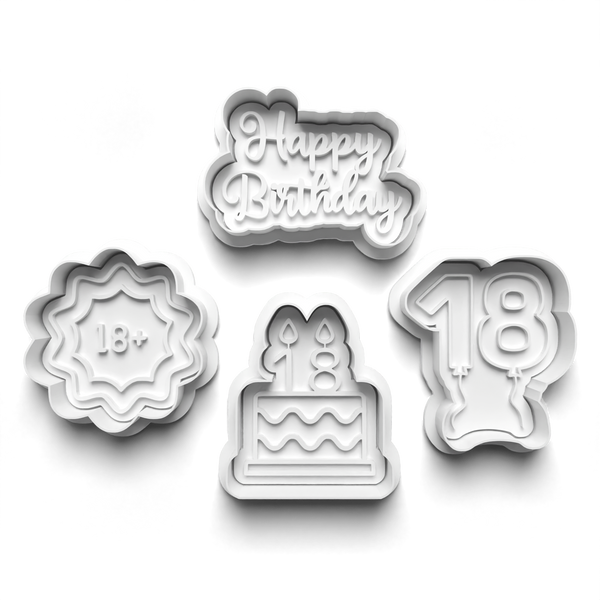 18th Birthday Theme Cookie Cutters Set + Stamps for Baking, Crafts, Dough 0825
