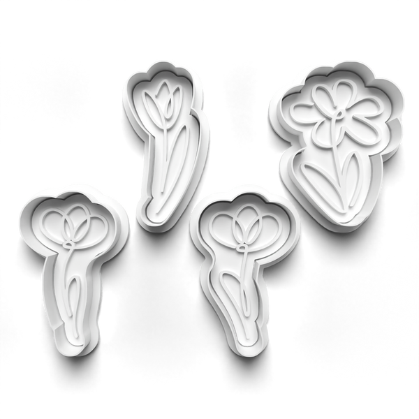 Flower Line Art Theme Cookie Cutters Set + Stamps for Baking, Crafts, Dough 0834