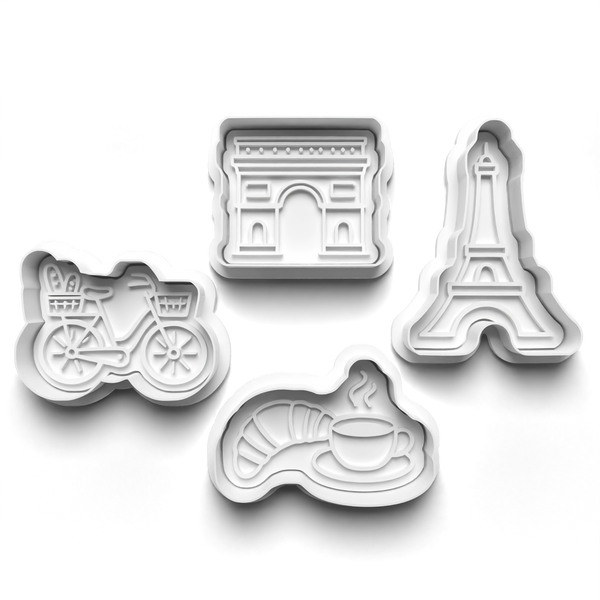 Paris Theme Cookie Cutters Set + Stamps for Baking, Crafts, Play dough 1072
