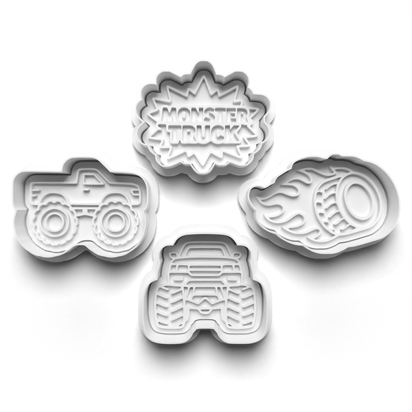 Monster Truck Theme Cookie Cutters Set + Stamps for Baking, Cookies, Crafts 1081