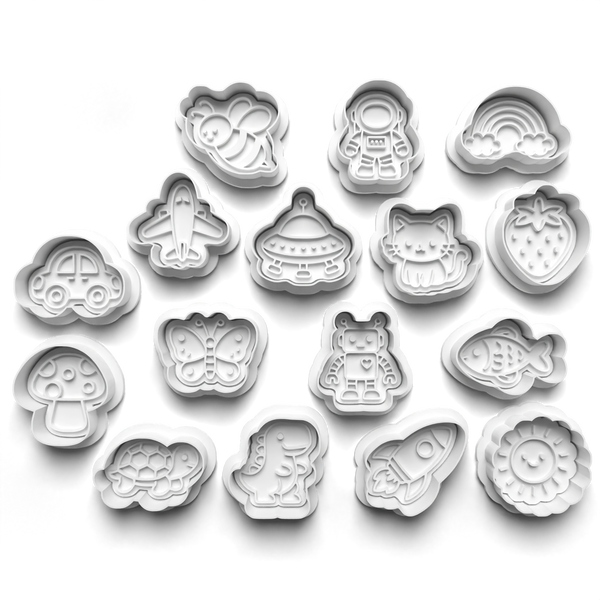 Fun Mini Cutter Set #2 16 Cookie Cutters Set + Stamps for Baking, Crafts, Cookies 1104