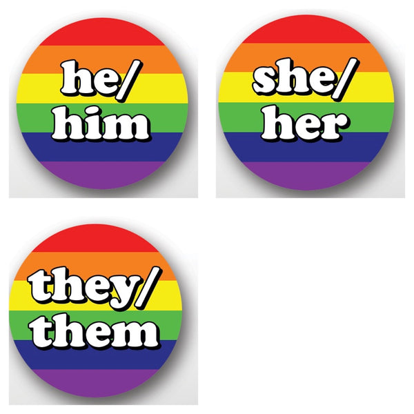 Pronouns Sticker Roll * 500 stickers Per Roll (1" x 1") Rainbow She/Her, He/Him, They/Them