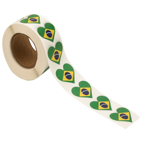 Brazil Flag Heart Stickers * 500 Per Roll (1" x 1") Brazilian Stickers
