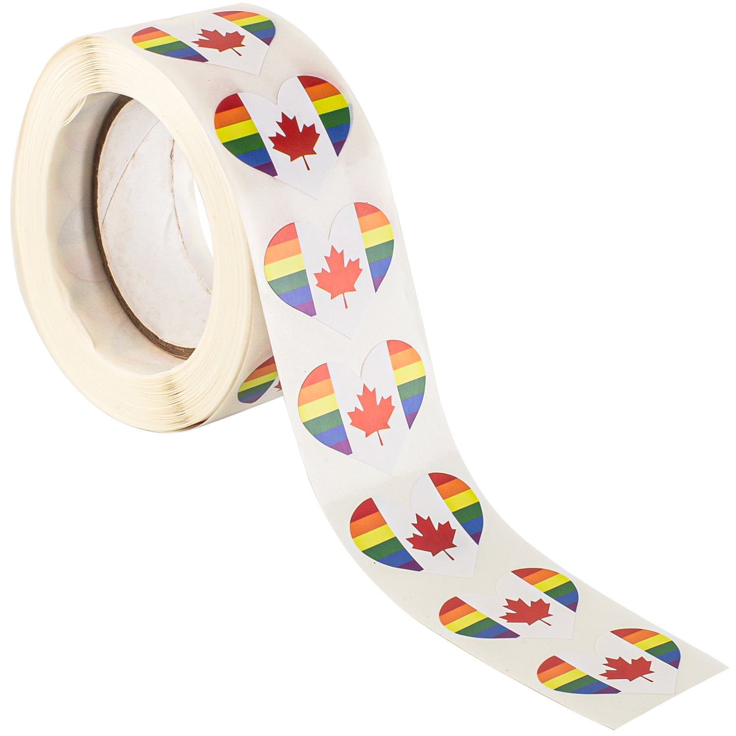 Canadian Flag with Rainbow Heart Stickers * 500 Per Roll (1