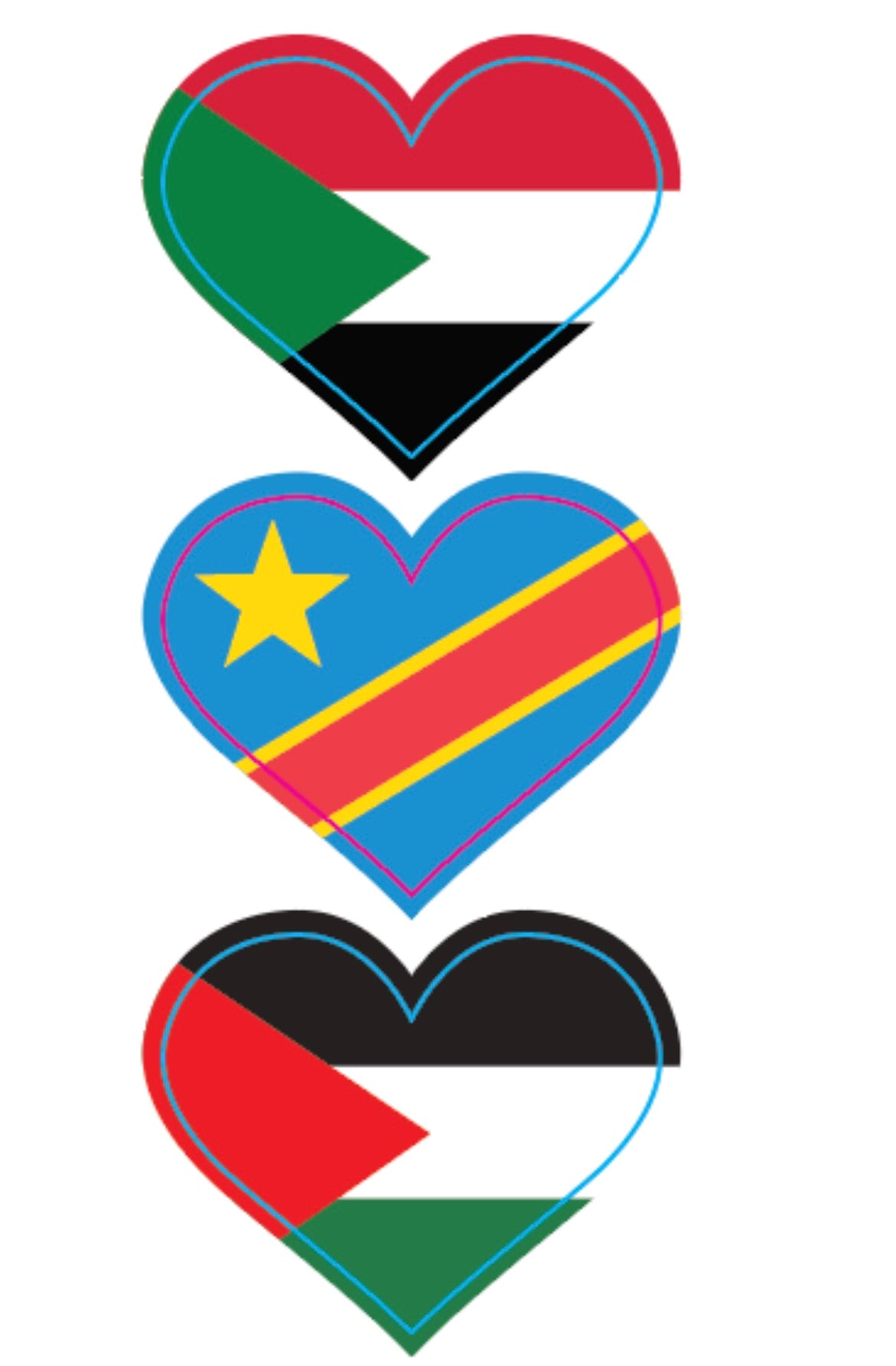 Palestine * DR Congo * Sudan Heart Stickers * 500 Per Roll (1