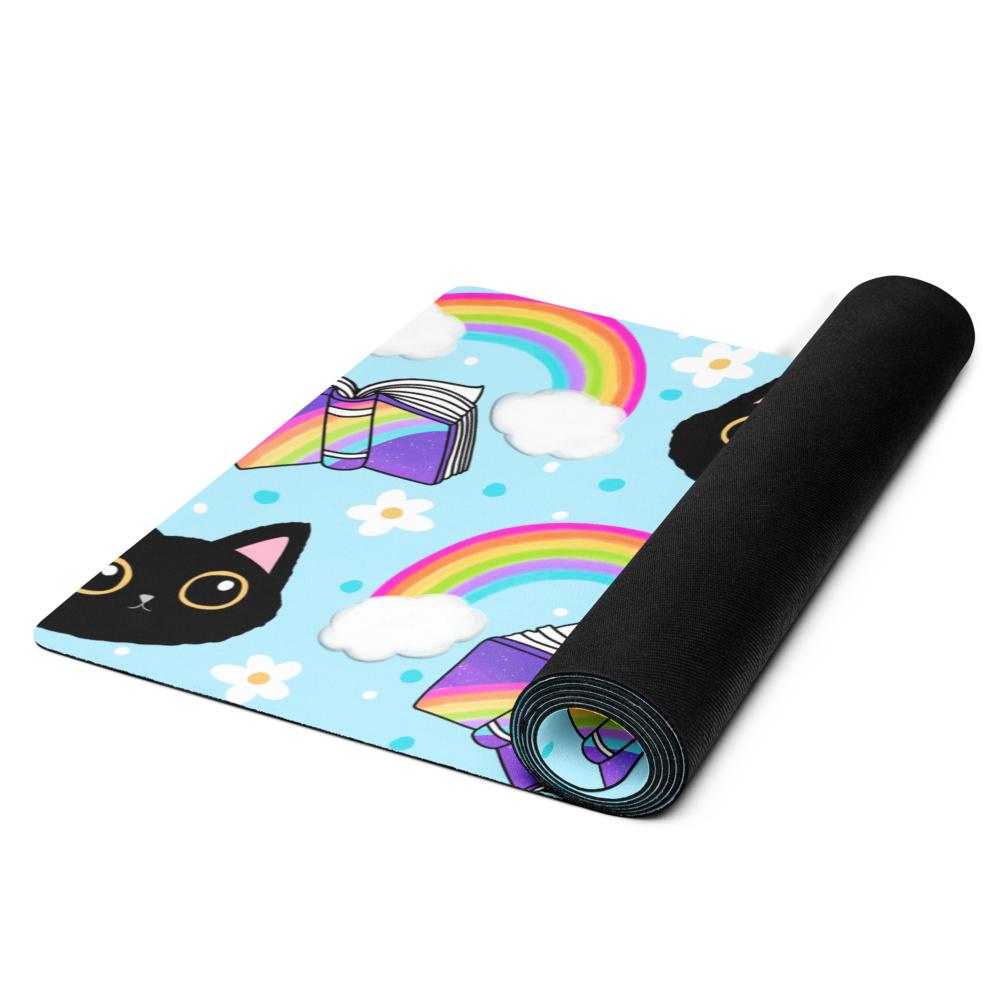 Rainbow Cat with Books Yoga mat