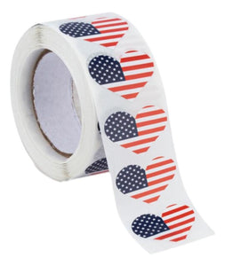 American Flag Heart Stickers * 500 Per Roll (1" x 1") - United States - US Flag