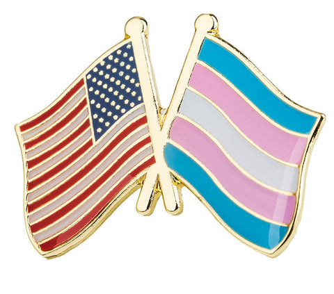 Transgender & US Flag Crossed Flags Lapel Pin - 1" x 3/4"
